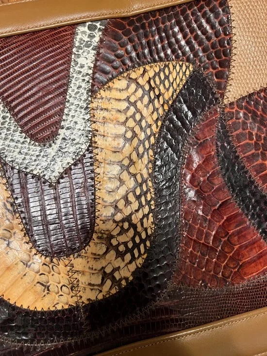 Vintage Caprice 1970’s Tan Leather Satchel with Multicolor Snakeskin Accent - Picture 4 of 12